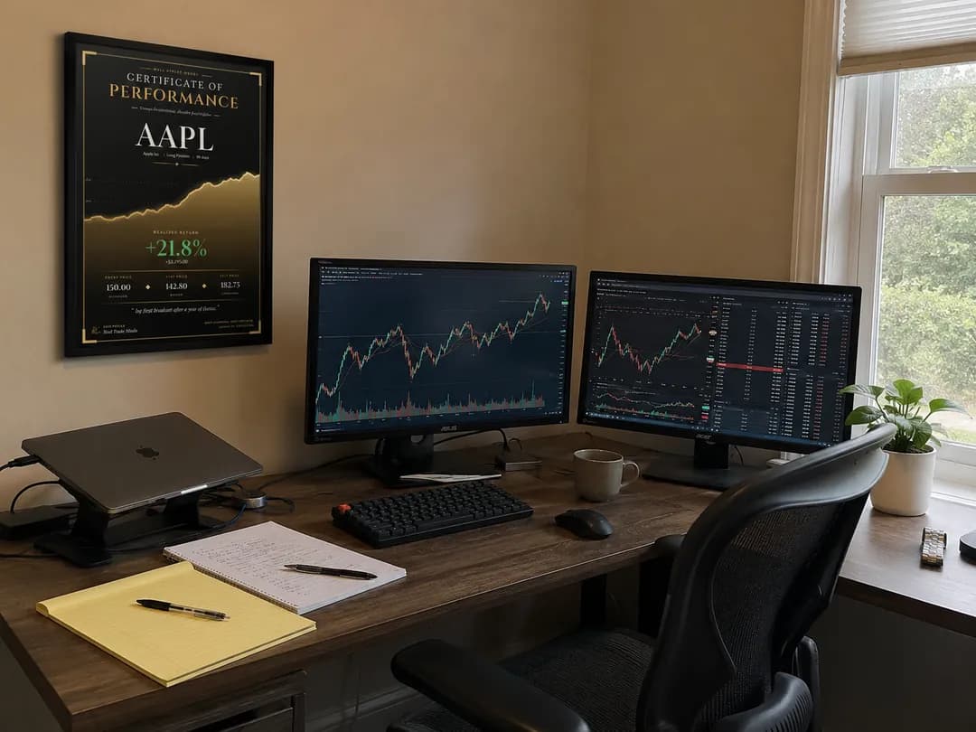 Example of an AAPL certificate trading wall art hung on a home-office wall
