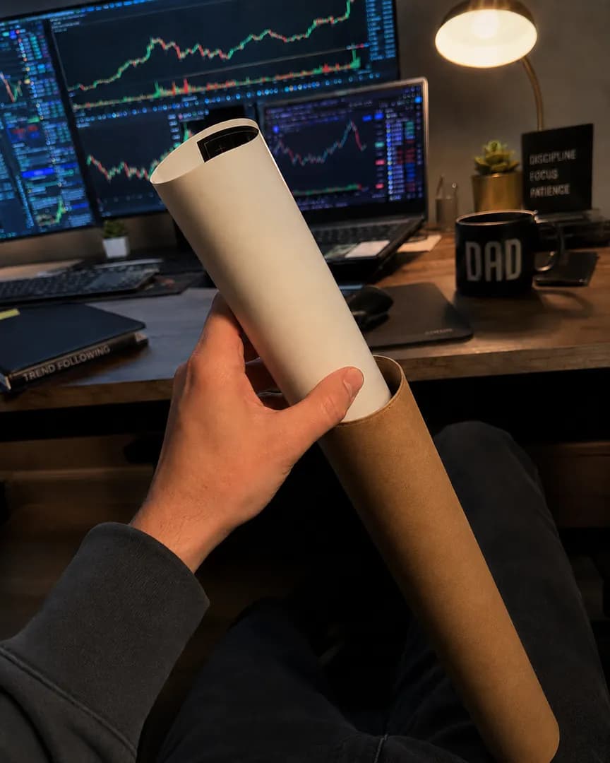 Custom trading poster rolling out of its shipping tube in front of a desk
