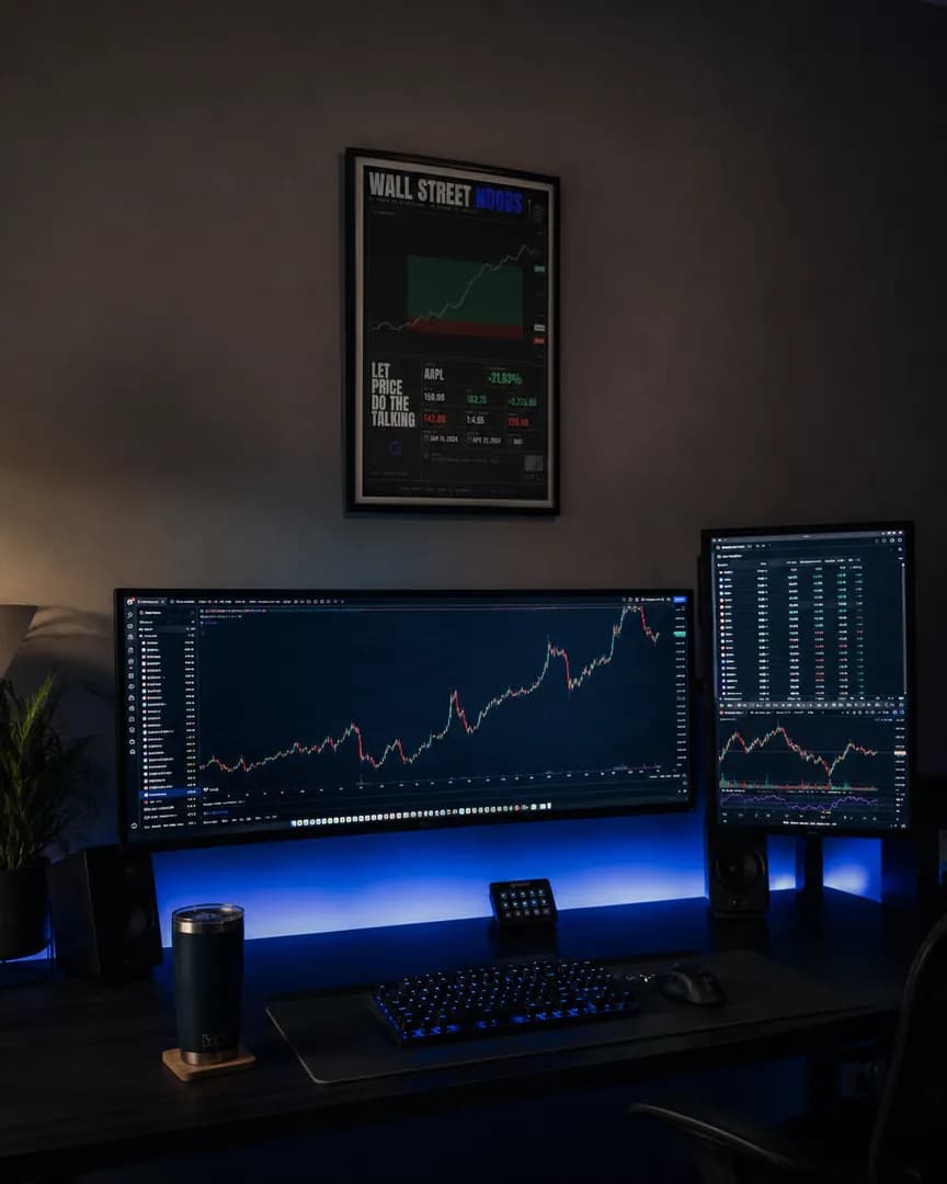 Example of a WALL STREET NOOBS trading wall art hung above a blue-lit desk setup