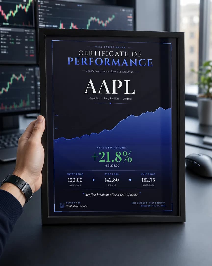 Example of a custom framed AAPL performance certificate held by hand at a desk