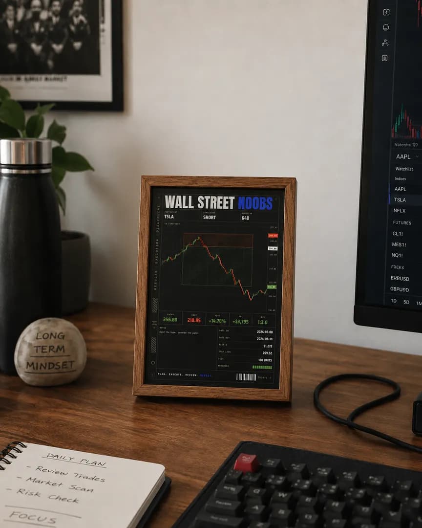 Example of a TSLA trading board in a wood frame on a bright desk